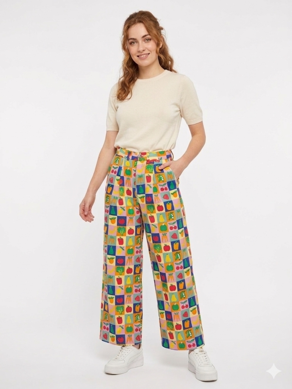 Lucy & Yak Organic Cotton Wide Leg Trousers Fruit Vegetable Print Multicolor 28R